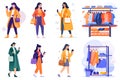 Hand Drawn happy Woman holding shopping bags and walking in shopping mall in flat style Royalty Free Stock Photo