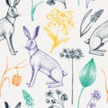 Hand-drawn hares background design. Vintage woodland flower sketches. Seamless spring pattern. Forest plants, wildflowers, and