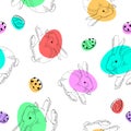 Hand drawn hares with colorful eggs seamless pattern.