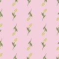 Hand drawn harvest seamless pattern with green little ear of wheat silhoettes. Pastel pink background