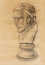 Hand drawn head, Illustration half face. Gypsum bust drawn in pencil. Profile portrait. Bust of Voltaire by Houdon. Royalty Free Stock Photo