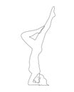 Hand drawn headstand yoga girl, one line art, stylized continuous outline. Woman does exercise for health and harmony of soul.