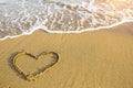 Hand drawn heart on beach sand over soft gold sunset. Love. Royalty Free Stock Photo