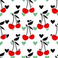 Hand drawn Heart and Cherry print and pattern seamless. Spring Summer trend textiles. Fruity background. Vector Illustration