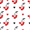 Hand drawn Heart and Cherry print and pattern seamless. Spring Summer trend textiles. Fruity background. Vector Illustration