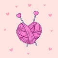Hand drawn heart shape skein of yarn with knitting needles in doodle style on pink background with hearts