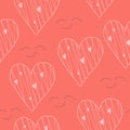 Hand drawn hearts, doodle style vector seamless pattern with pink background.