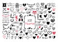 Hand drawn hearts huge bundle, Valentine day black and white doodle heart shapes collection, love and romantic theme