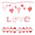 Hand drawn hearts, rose and letters. Design elements for Valentine`s day. Royalty Free Stock Photo