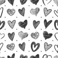 Hand drawn hearts seamless pattern. Heart doodle grunge, romantic textile print. Love ink elements background, vintage Royalty Free Stock Photo