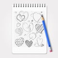 Hand drawn hearts set with realistic pencil and notebook