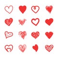 Hand drawn hearts sketch, grunge and doodle set. Isolated red love shapes on white background. Royalty Free Stock Photo