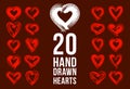 Hand drawn hearts vector logos or icons set, sketch doodle graphic design elements. Royalty Free Stock Photo