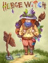 Hand drawn hedgewitch illustration. Green cute backpacker witch concept children image Royalty Free Stock Photo