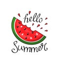 Hand drawn Hello Summer lettering composition with slice of juicy watermelon with seeds Royalty Free Stock Photo