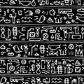 Hand-drawn hieroglyphs ancient white modern seamless pattern with line symbols of whales birds and abstract signs