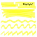 Hand drawn highlight marker lines set. Highlighter yellow strokes vector isolated on white background. Highlighter Royalty Free Stock Photo