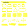 Hand drawn highlight marker lines set. Highlighter yellow strokes vector isolated on white background. Highlighter