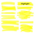 Hand drawn highlight marker lines set. Highlighter yellow strokes vector isolated on white background. Highlighter Royalty Free Stock Photo