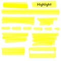 Hand drawn highlight marker lines set. Highlighter yellow strokes vector isolated on white background. Highlighter Royalty Free Stock Photo