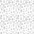 Hand drawn hike seamless pattern. Doodle camping elements. Picnic, hiking, travel and camping Royalty Free Stock Photo