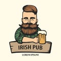 Hand-drawn hipster dude with mustache, beard with beer. Man with glass of alcohol. Vector logo. Stickers, logo, Emblem