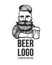 Hand-drawn hipster dude with mustache, beard with beer. Man with glass of alcohol. Vector logo. Stickers, logo, Emblem