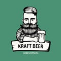 Hand-drawn hipster dude with mustache, beard with beer. Man with glass of alcohol. Vector logo. Stickers, logo, Emblem Royalty Free Stock Photo