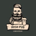 Hand-drawn hipster dude with mustache, beard with beer. Man with glass of alcohol. Vector logo. Stickers, logo, Emblem Royalty Free Stock Photo