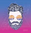 Hand Drawn Hipster silhouette on a modern polygonal background. Hipster curly hair man in glasses poster. Waxing hair design. Bear Royalty Free Stock Photo