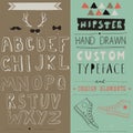 Hand drawn hipster typeface and set of design elements. Vintage font and alphabet vector, writing design typeface.