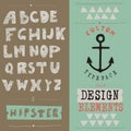 Hand drawn hipster typeface and set of design elements. Vintage font and alphabet vector, writing design typeface. Royalty Free Stock Photo