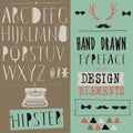 Hand drawn hipster typeface and set of design elements. Vintage font and alphabet vector, writing design typeface.