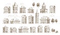 Hand drawn historic buildings set. Vintage sketch of architecture