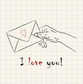 Hand drawn hand holding a lovely letter envelope on mathematical square paper