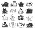 Hand drawn home emblems. Cottage, farmhouse and residence houses for housewarming invitations designs and real estate