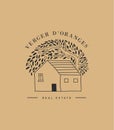 Hand drawn home, house with garden logo, icon.