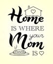 Hand drawn Home is where your Mom is typography lettering poster on paper textured background. Text and decor around it - pie, hea Royalty Free Stock Photo