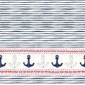 Hand-Drawn Horizontal Border with Ropes, Chains and Anchors Vector Seamless Pattern. Red, White, Blue Marine Background Royalty Free Stock Photo