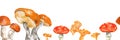Hand drawn horizontal seamless pattern with colored aspen mushrooms, chanterelles and agarics Royalty Free Stock Photo