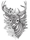 Hand drawn horned deer with high details ornament