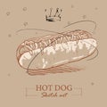 Hand-drawn hot dog with grilled sausage with mustard Royalty Free Stock Photo