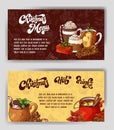 Hand drawn hot drinks. Banner Christmas design. Template with brushlettering. Winter sketch style. Vector illustration