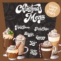 Hand drawn hot drinks. Menu Christmas design. Template with brushlettering. Winter sketch style. Vector illustration Royalty Free Stock Photo