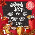 Hand drawn hot drinks. Menu Christmas design. Template with brushlettering. Winter sketch style. Vector illustration Royalty Free Stock Photo