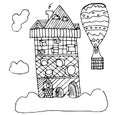 Hand-drawn house clouds, balloon. Coloring book, vector doodle Royalty Free Stock Photo