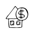 Hand Drawn house coin doodle. Sketch dollar icon. Decoration element. Isolated on white background. Flat design. Vector Royalty Free Stock Photo