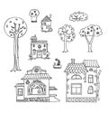 Hand-drawn house and tree doodles. Vector collection.