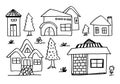 Hand drawn house and trees vector set Royalty Free Stock Photo
