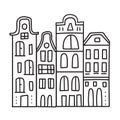 Hand drawn houses of Amsterdam in doodle style. Black stroke. Simple vector illustration isolated on white background
